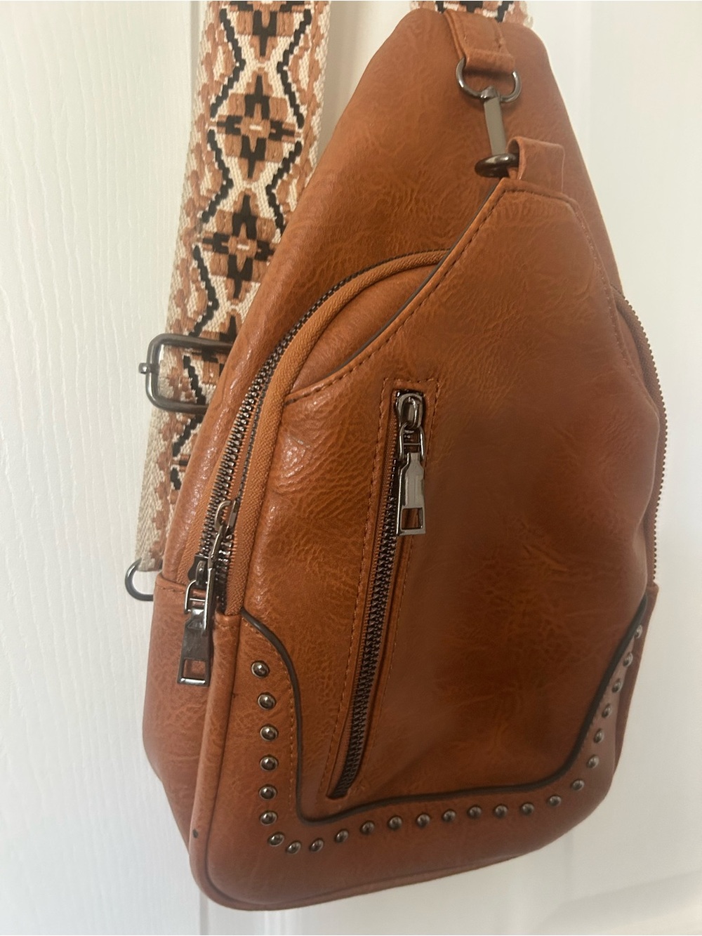 Tan Leather-Effect Sling Bag with Stud Accents